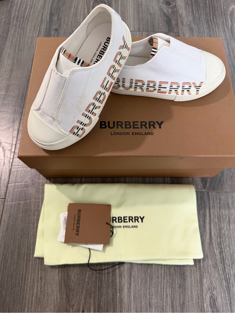 Burberry White Kids Slip-On Sneakers with Signature Check Logo